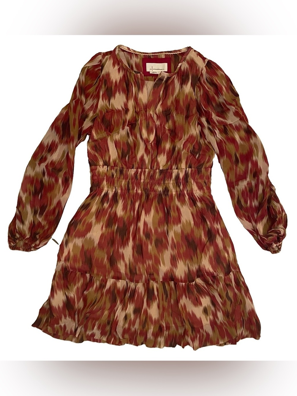 Anthropologie Red Multi-Print Long-Sleeve Mini Dress